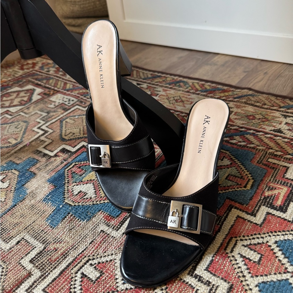 Anne Klein Black Mules with Silver Buckle